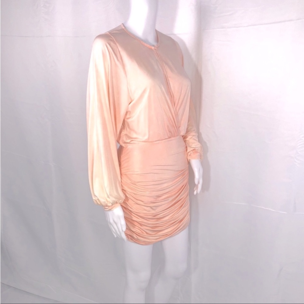 YF&B Peachy Pink Single Button Crossover Front LS Sides Ruched Mini Dress SzS - Picture 11 of 16